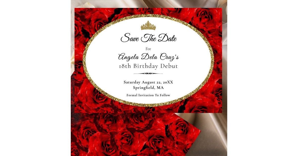 Elegant Red Roses and Gold 18th Birthday Debut Save The Date | Zazzle