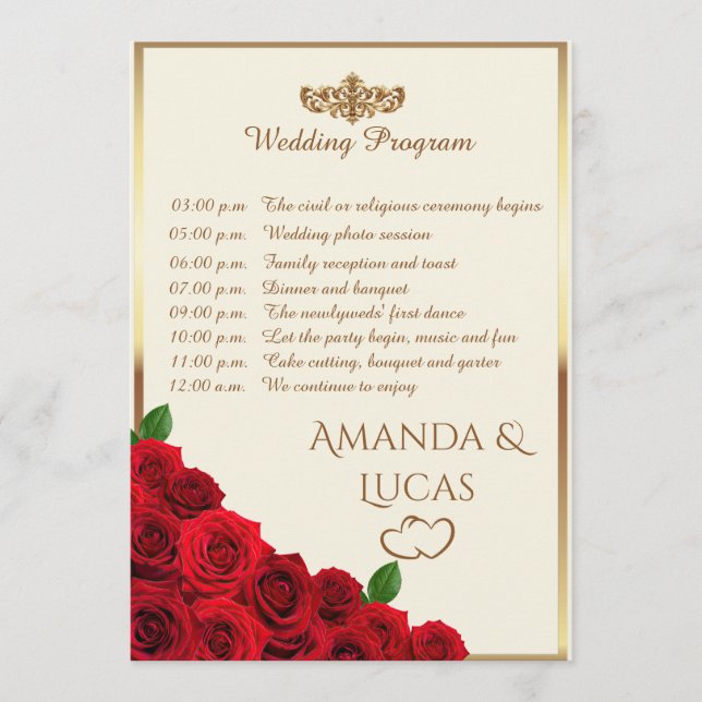 Elegant Red Roses and Gold Frame Cream Wedding Program (Front)