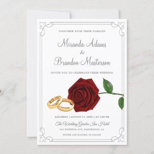 Elegant Red Roses and Rings Wedding Invitation