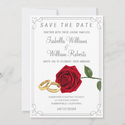 Elegant Red Roses and Rings Wedding Save The Date