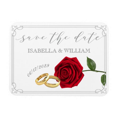 Elegant Red Roses and Rings Wedding Save the Date Magnet