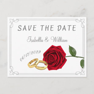 Gorgeous Pink Rose And Rings Personalized Wedding Save The Date Cards 