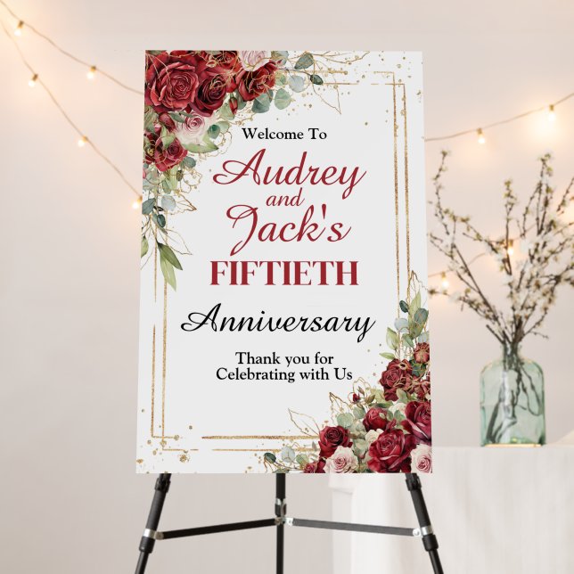 Elegant Red Roses Anniversary Welcome Sign (In Situ (Stand))