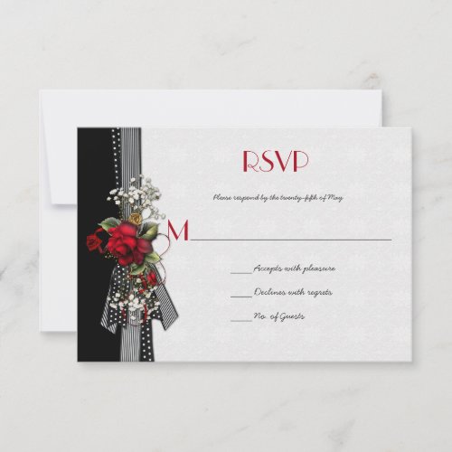 Elegant Red Roses Babys Breath Black Ribbons RSVP