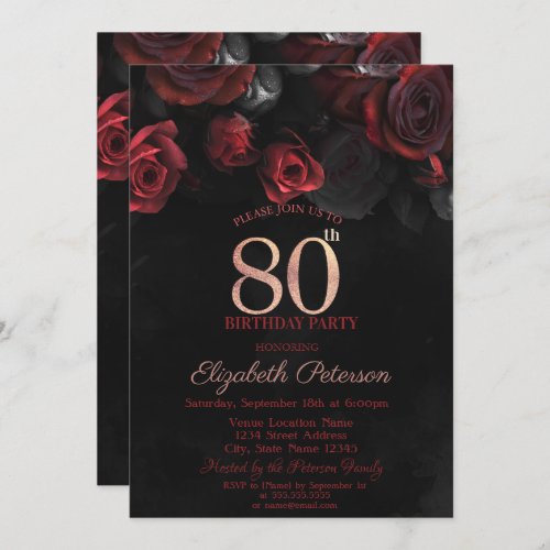 Elegant Red Roses Black 80th Birthday Invitation