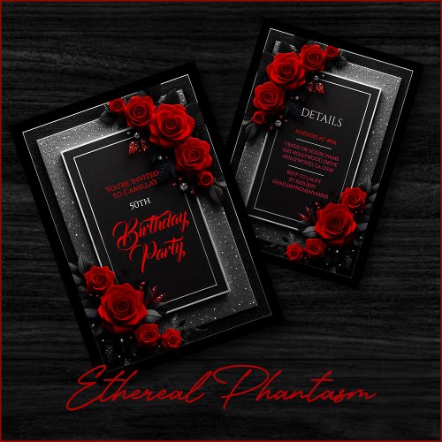 Elegant Red Roses Black Glam Birthday Invitation