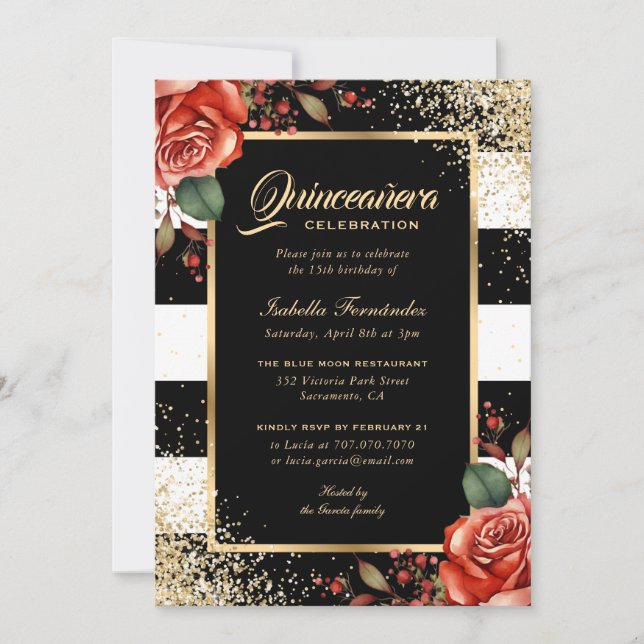 Elegant Red Roses Black Gold Confetti Quinceañera Invitation (Front)