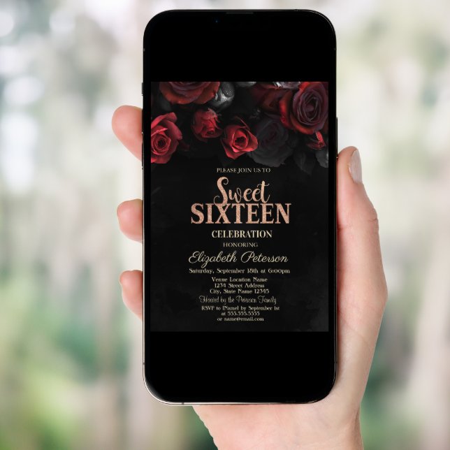 Elegant Red Roses Black Sweet 16 Invitation (Front Digital)