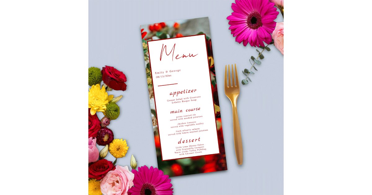 Elegant red roses blossoms flowers floral Wedding Menu | Zazzle