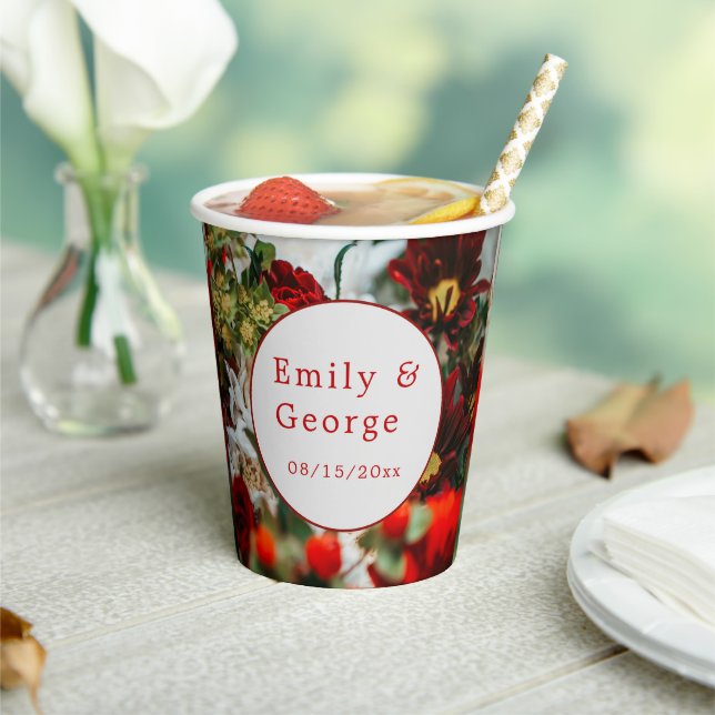 Elegant red roses blossoms flowers floral Wedding Paper Cups (Insitu)