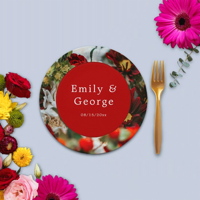 Elegant red roses blossoms flowers floral Wedding Paper Plates (Creator Uploaded)