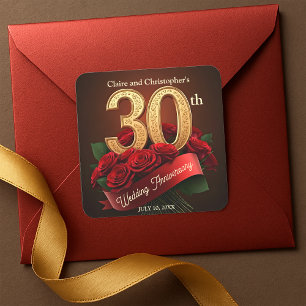 Elegant Red Roses Bouquet 30th Wedding Anniversary Square Sticker