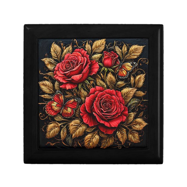 🌸Elegant Red Roses Butterflies Keepsake Storage🌸 Gift Box (Front)