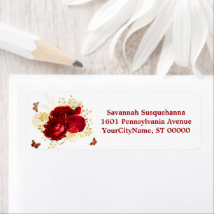 Elegant Red Roses Butterfly Gold Address Label
