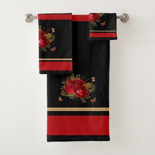 Elegant Red Roses Butterfly Gold Black Bath Towel Set