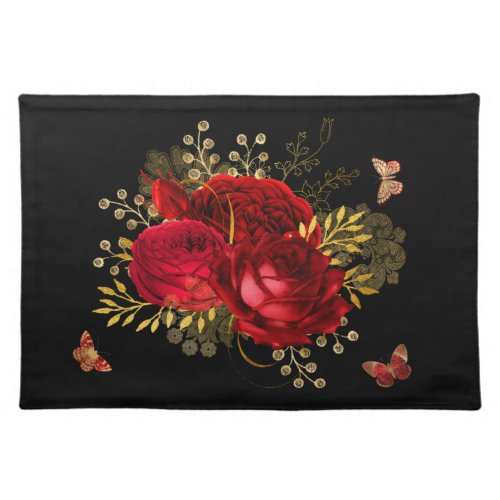Elegant Red Roses Butterfly Gold Cloth Placemat