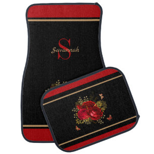 Elegant Red Roses Butterfly Gold Monogram Car Floor Mat