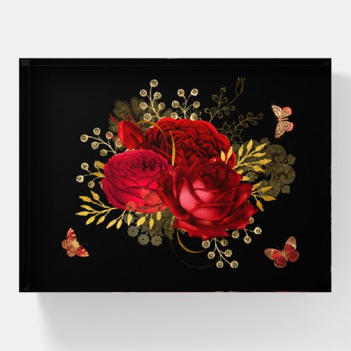 Elegant Red Roses Butterfly Gold Paperweight