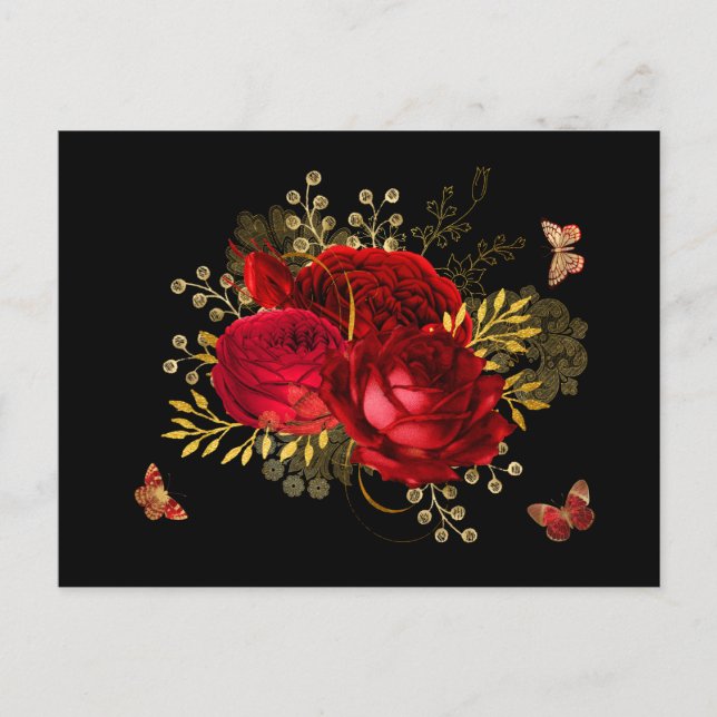 Elegant Red Roses Butterfly Gold Postcard (Front)