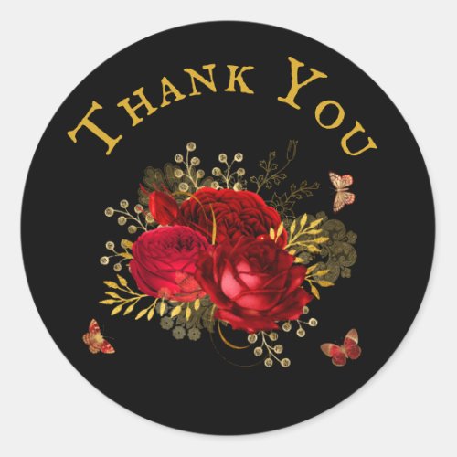 Elegant Red Roses Butterfly Gold  Thank You Classic Round Sticker