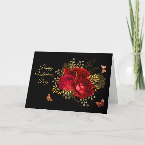 Elegant Red Roses Butterfly Gold Valentine Black Holiday Card