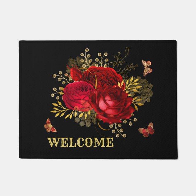 Elegant Red Roses Butterfly Gold Welcome Doormat (Front)