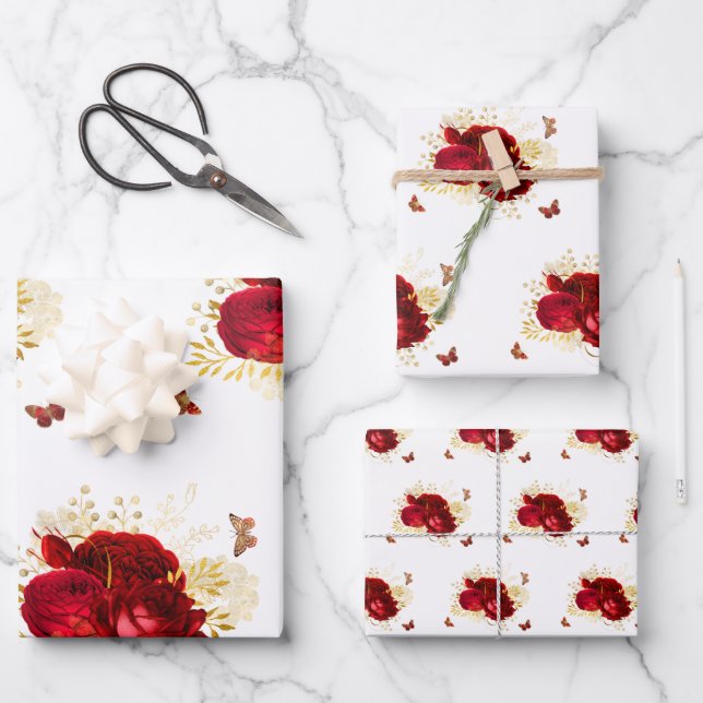 Elegant Red Roses Butterfly Gold Wrapping Paper Sheets (Front)