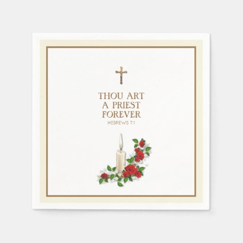 Elegant Red Roses Candle Priest Ordination Napkins