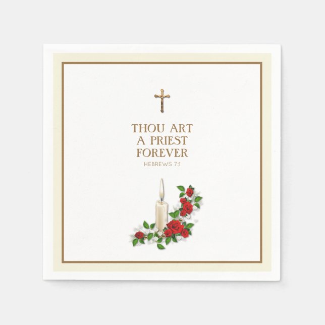 Elegant Red Roses Candle Priest Ordination Napkins (Front)
