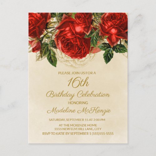 Elegant Red Roses Champagne 16th Birthday Invitati Postcard