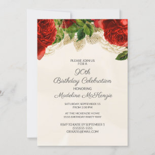 Elegant Red Roses Cream 90th Birthday Invitation