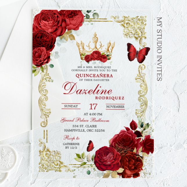 Elegant Red Roses Crown Quinceanera Invitation (Creator Uploaded)