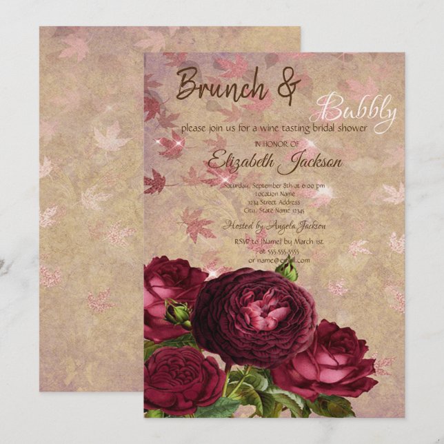 Elegant Red Roses Falling Leaves Bridal Shower Invitation (Front/Back)