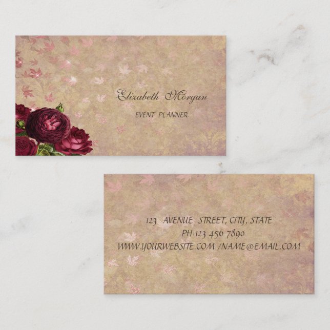 Elegant Red Roses Falling Leaves Business Card (Front/Back)