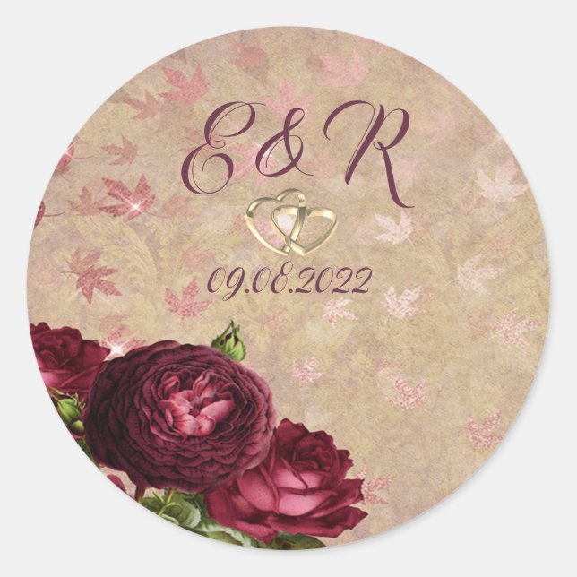 Elegant Red Roses Falling Leaves Classic Round Sticker (Front)
