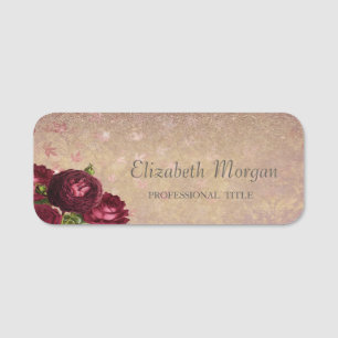 Elegant Red Roses Falling Leaves Name Tag