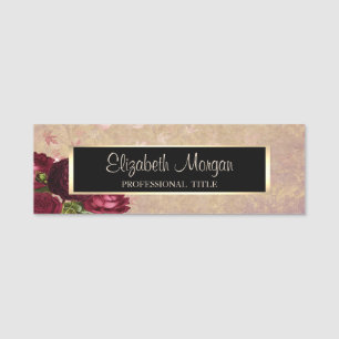 Elegant Red Roses Falling Leaves Name Tag