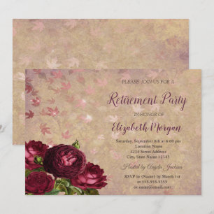 Elegant Red Roses Falling Leaves Retirement Invitation