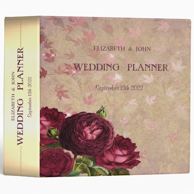 Elegant Red Roses Falling Leaves Wedding  3 Ring Binder (Front/Spine)