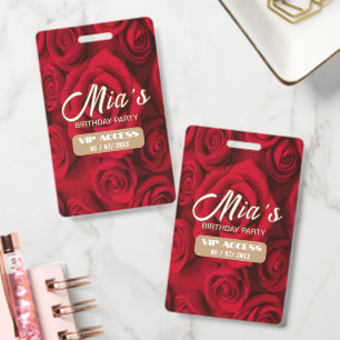 Elegant Red Roses Floral Birthday Party VIP Access Badge