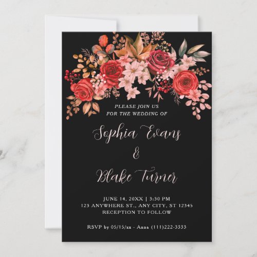 Elegant Red Roses Floral Black Wedding Invitation