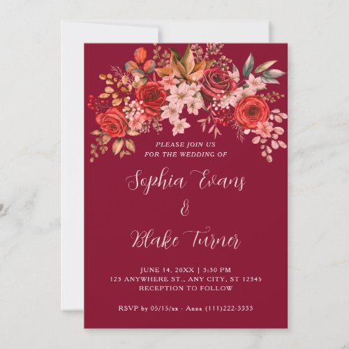 Elegant Red Roses Floral Burgundy Wedding Invitation