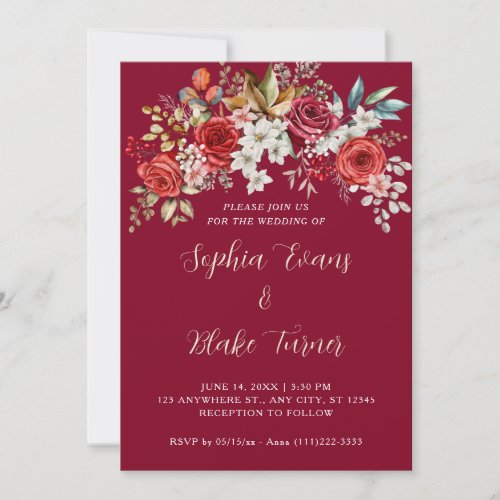 Elegant Red Roses Floral Burgundy Wedding Invitation