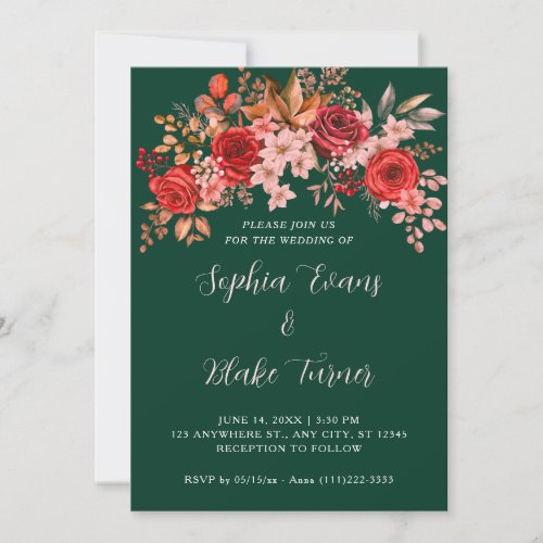 Elegant Red Roses Floral Dark Green Wedding Invitation
