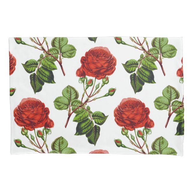 Elegant Red Roses Floral Flowers Pattern | Pillow Case (Front-Left)