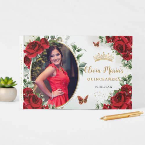 Elegant Red Roses Floral Gold Quinceanera Photo Guest Book