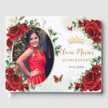 Elegant Red Roses Floral Gold Quinceanera Photo Guest Book<br><div class="desc">Coordinate your party with this elegant personalized Red Roses Floral Guest Book! Personalize it easily and quickly, simply click the customize it further button to edit the texts, change fonts and fonts colors. Featuring beautiful watercolor red roses, a space to place your picture and red and gold butterflies. Matching items...</div>