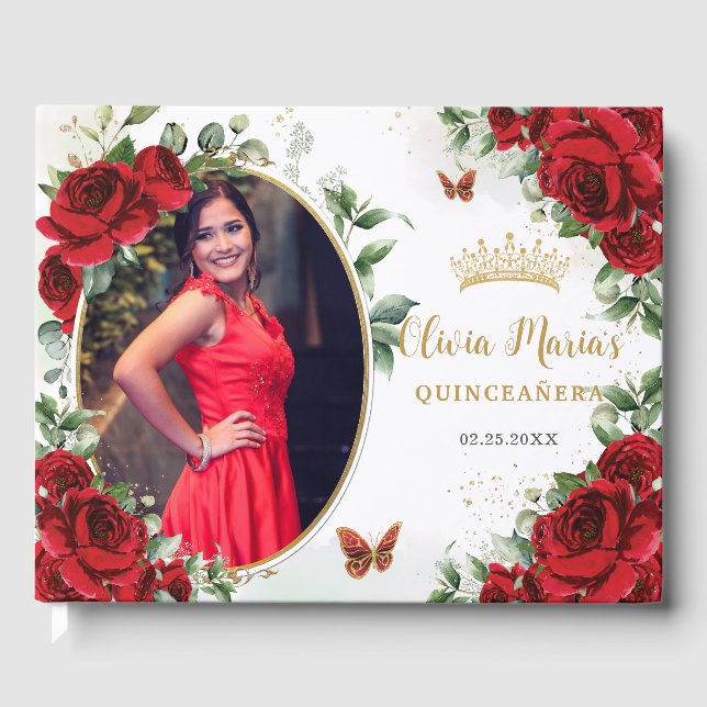 Elegant Red Roses Floral Gold Quinceanera Photo Guest Book (Front)