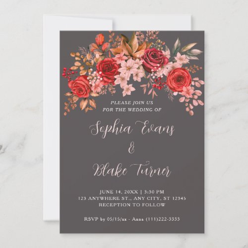 Elegant Red Roses Floral Gray Wolf Wedding Invitation