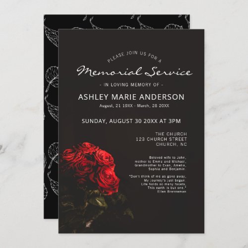 Elegant Red Roses Floral  Memorial Funeral Service Invitation
